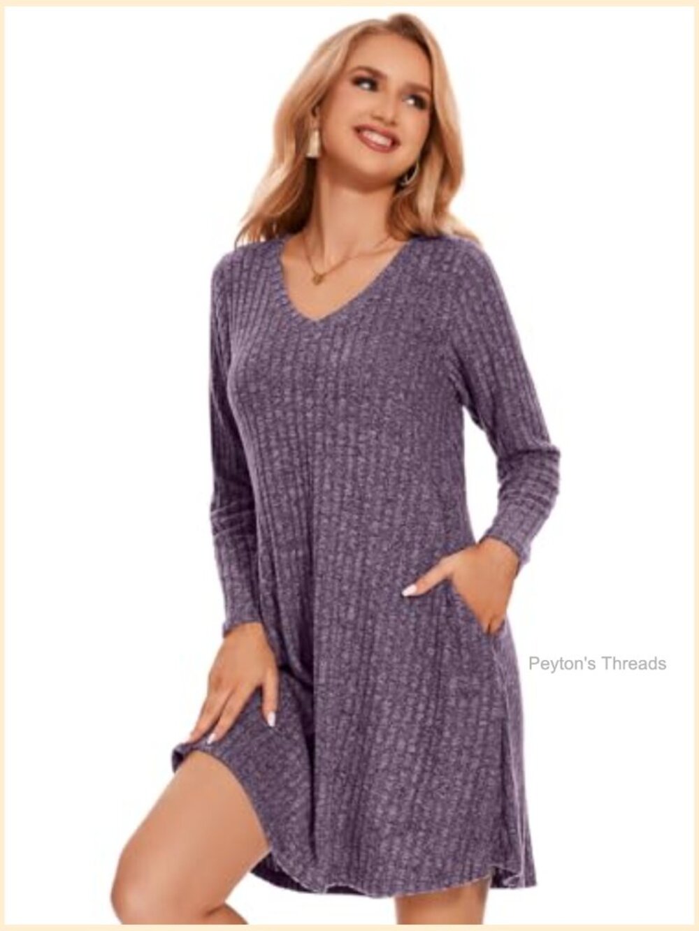 Plus Size Sweater Dress Long Sleeve V-Neck Fall Winter Tunic with Pockets Swing - Picture 5 of 7